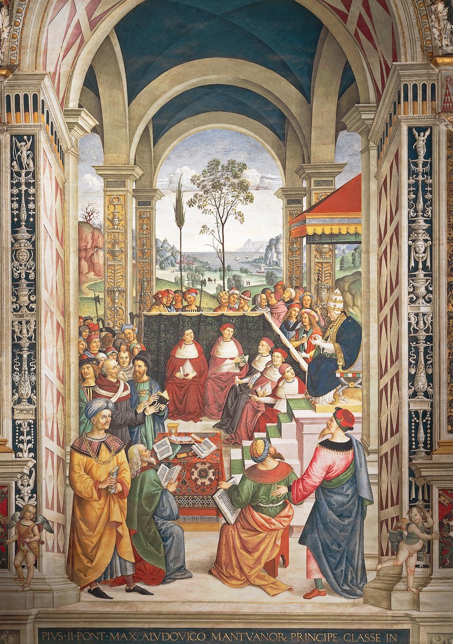 Italia, Siena, katedralen, Piccolomini-biblioteket, Pius II samlet i Mantova for diett organisert for å planlegge korstog mot tyrkere, detalj av Stories of Pius II av Bernardino di Betto Pinturicchio