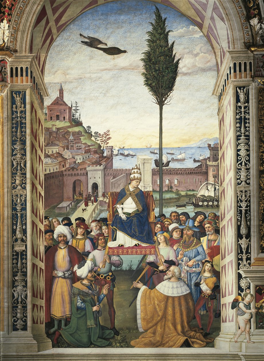 Italia, Siena, katedralen, Piccolomini-biblioteket, Historier om Pius II: Pius II ankommer Ancona for å fremskynde korstoget av Bernardino di Betto Pinturicchio