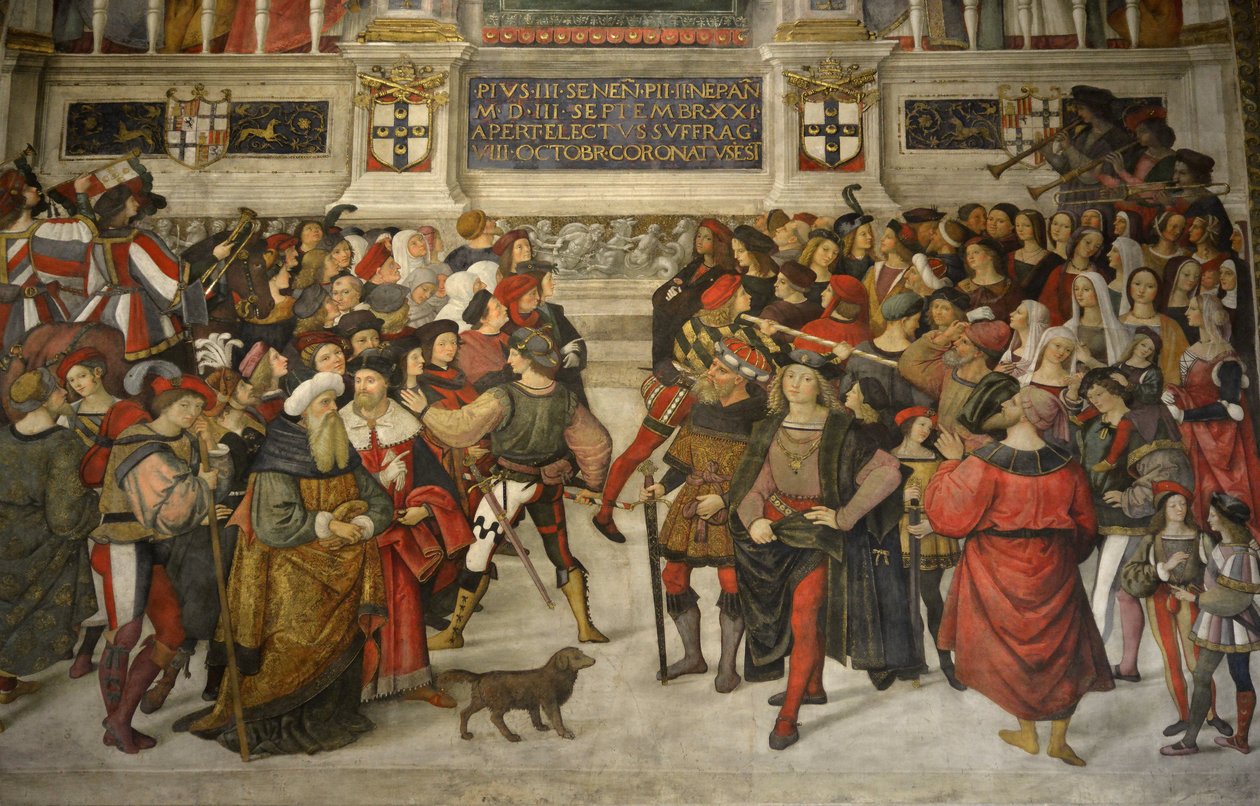 Italia Toscana Siena, katedralen Duomo: The Coronation of Pius II (1405-1464) av Bernardino di Betto Pinturicchio