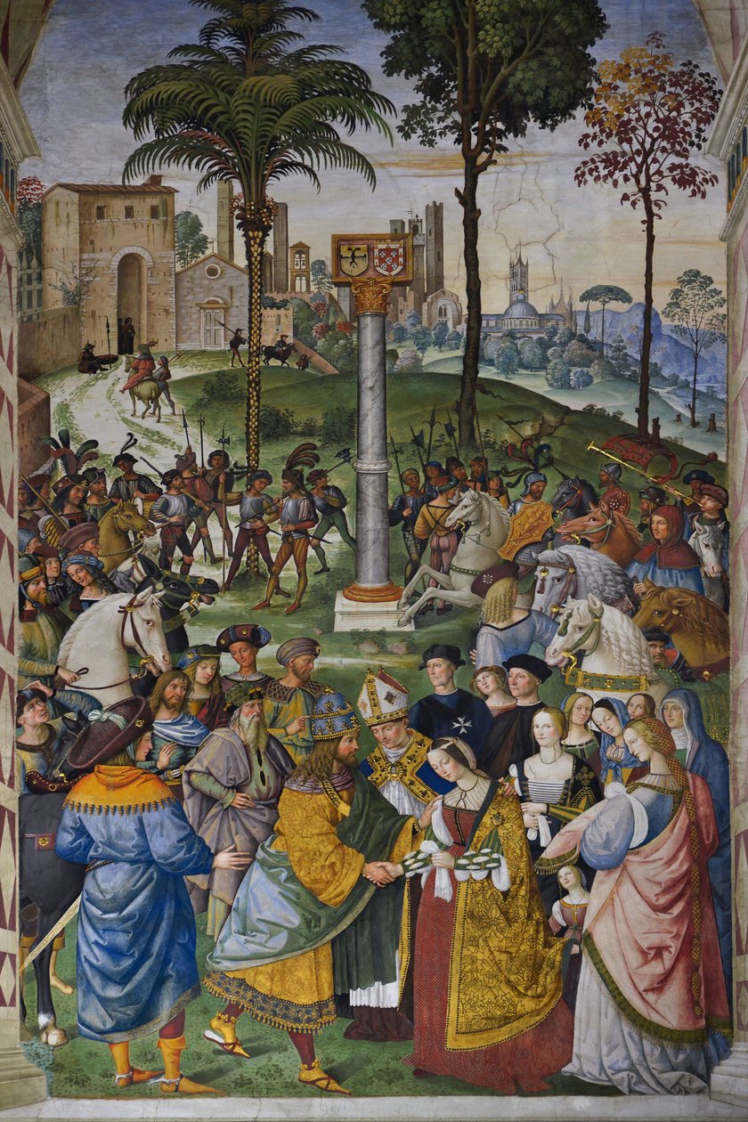 Italia Toscana Siena, Cathedrale Duomo: Piccolomini-biblioteket - Møtet til Frederic III (Frederik V av Habsburg) av Bernardino di Betto Pinturicchio