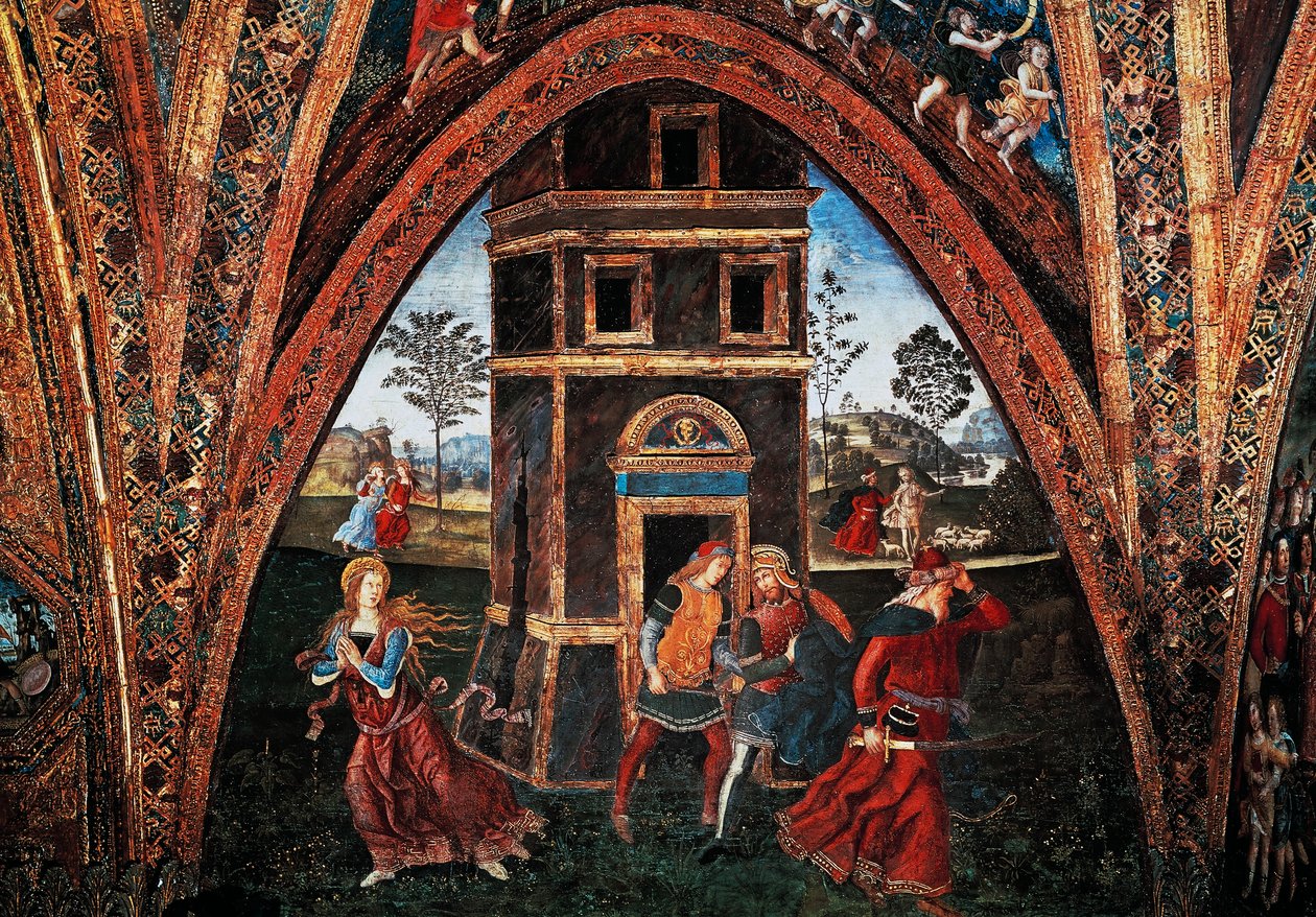 Martyrdom of Saint Barbara, av Bernardino Pinturicchio (ca 1452-1513), freskomaleri, Hall of the Saints, Borgia Apartments, Apostolic Palace, Vatikanstaten, Italia. av Bernardino di Betto Pinturicchio