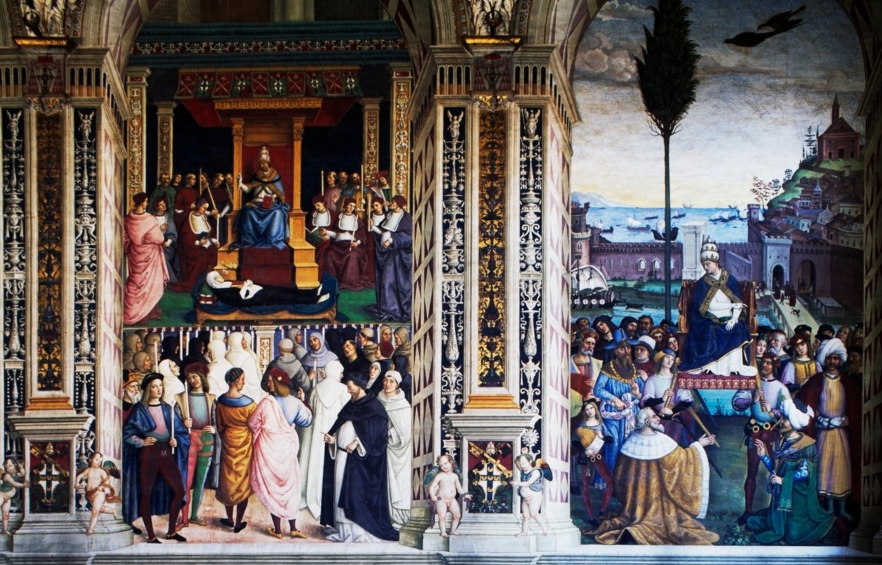 Pius II ankommer Ancona for å starte korstog (1500-tallet), freskomaleri av Pinturicchio (1452-1513), Piccolomini bibliotek, katedralen i Siena, Toscana, Italia av Bernardino di Betto Pinturicchio