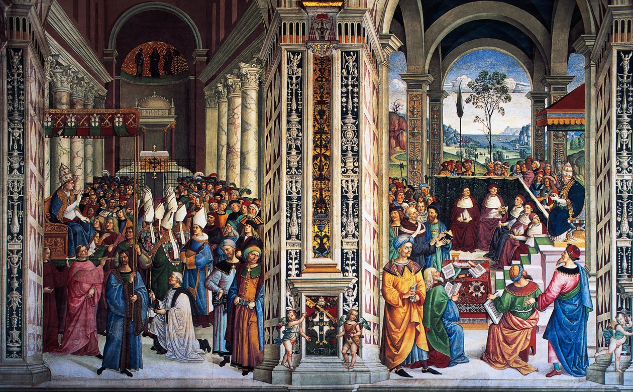Pius II ankommer Ancona for å starte korstog (1500-tallet), freskomaleri av Pinturicchio (1452-1513), Piccolomini bibliotek, katedralen i Siena, Toscana, Italia av Bernardino di Betto Pinturicchio