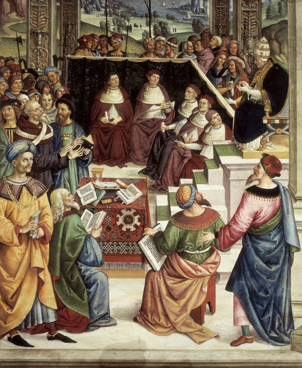 Pius II kom sammen i Mantova for diett organisert for å planlegge korstog mot tyrkere, detalj av Stories of Pius II av Bernardino di Betto Pinturicchio