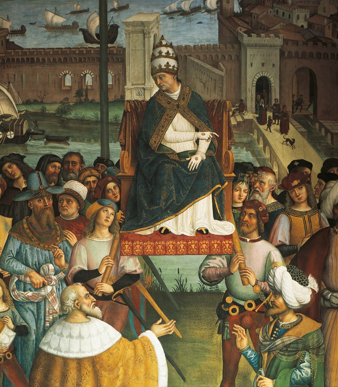 Pius II, detalj fra pave Pius II Piccolomini ankommer Ancona for å begynne korstoget av Bernardino di Betto Pinturicchio