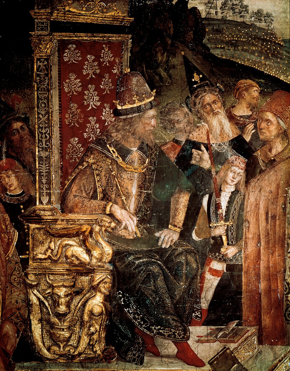 Den hellige Katarina av Alexandrias tvist med filosofer før den romerske keiseren Maximian Hercules, detalj av Cesare Borgia av Bernardino di Betto Pinturicchio