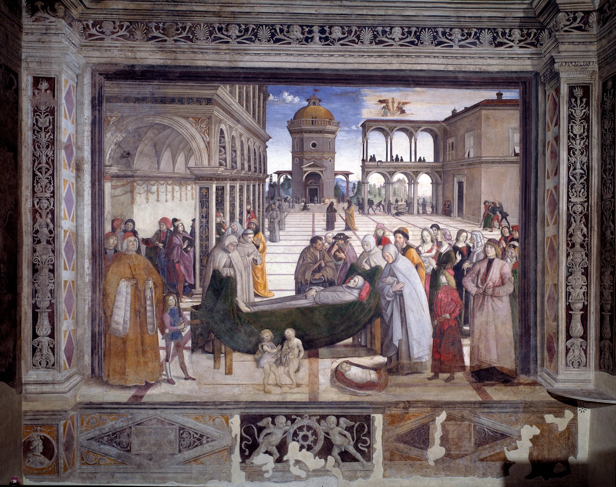 Historien om St. Bernardin, helgenens død (Fresco, ca. 1486) av Bernardino di Betto Pinturicchio