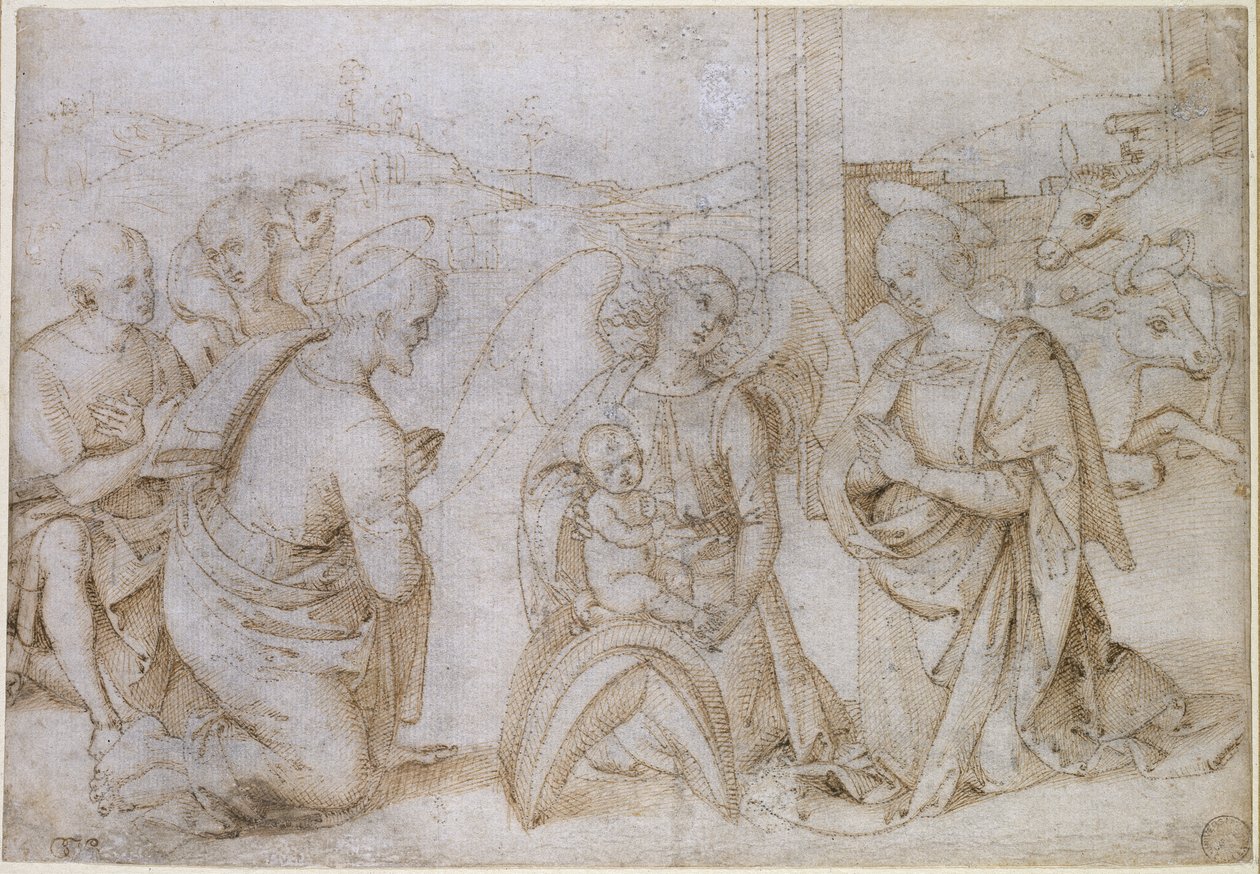 The Adoration of the Shepherds, WA1855.90 (penn og brunt blekk på off-white papir, prikket for overføring) av Bernardino di Betto Pinturicchio