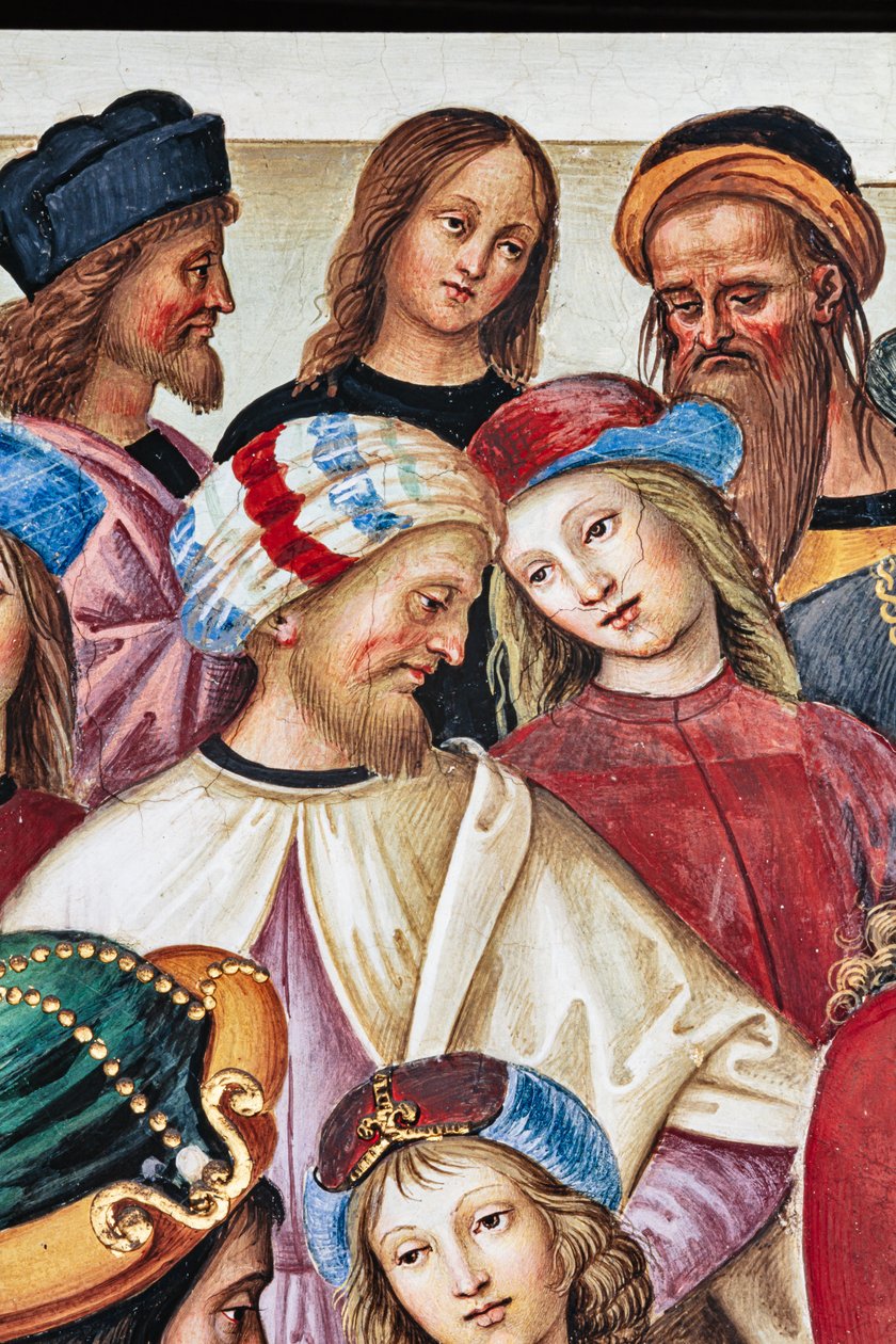 Piccolomini-biblioteket, nordøstveggen: "Aeneas Sylvius holder en tale foran kong James I av Skottland, vinteren 1435" av Bernardino di Betto Pinturicchio