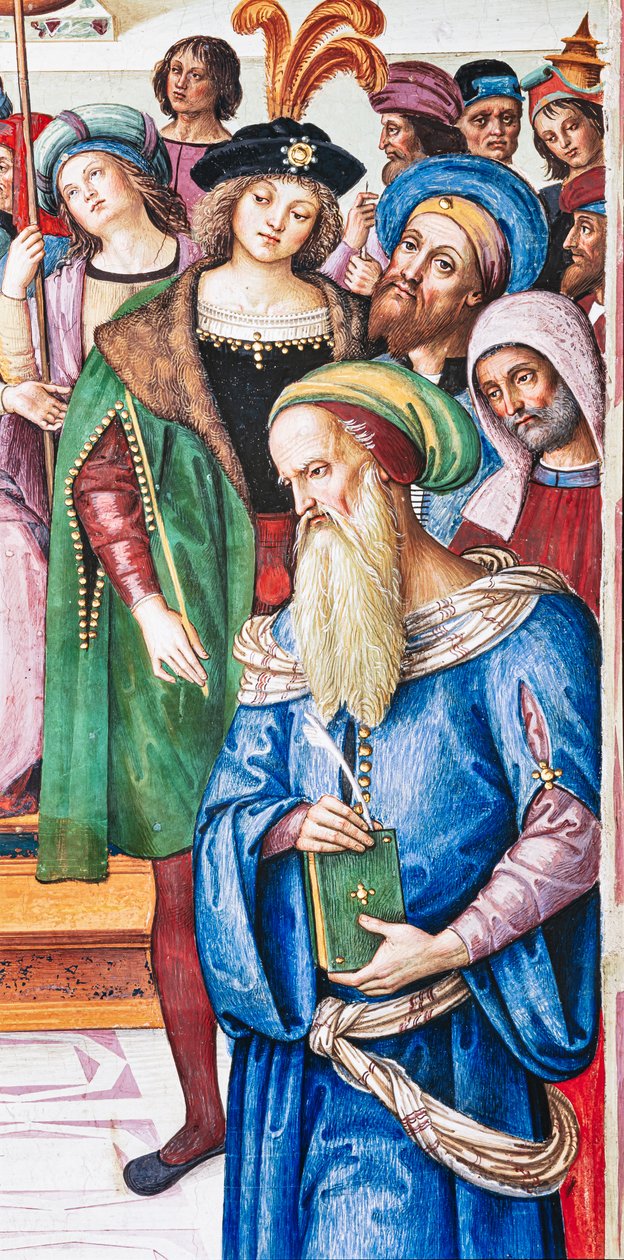 Piccolomini-biblioteket, nordøstveggen: "Aeneas Sylvius holder en tale foran kong James I av Skottland, vinteren 1435" av Bernardino di Betto Pinturicchio