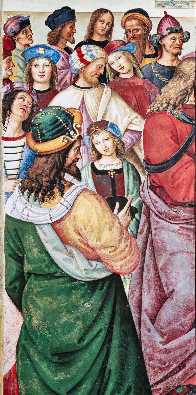 Piccolomini-biblioteket, nordøstveggen: "Aeneas Sylvius holder en tale foran kong James I av Skottland, vinteren 1435" av Bernardino di Betto Pinturicchio