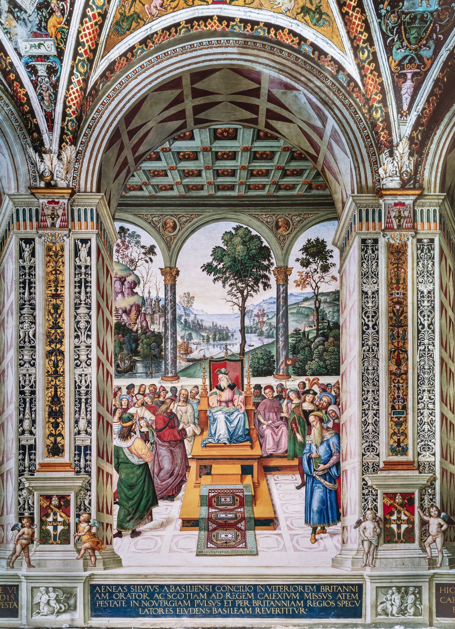 Piccolomini-biblioteket, nordøstveggen: "Aeneas Sylvius holder en tale foran kong James I av Skottland, vinteren 1435" av Bernardino di Betto Pinturicchio