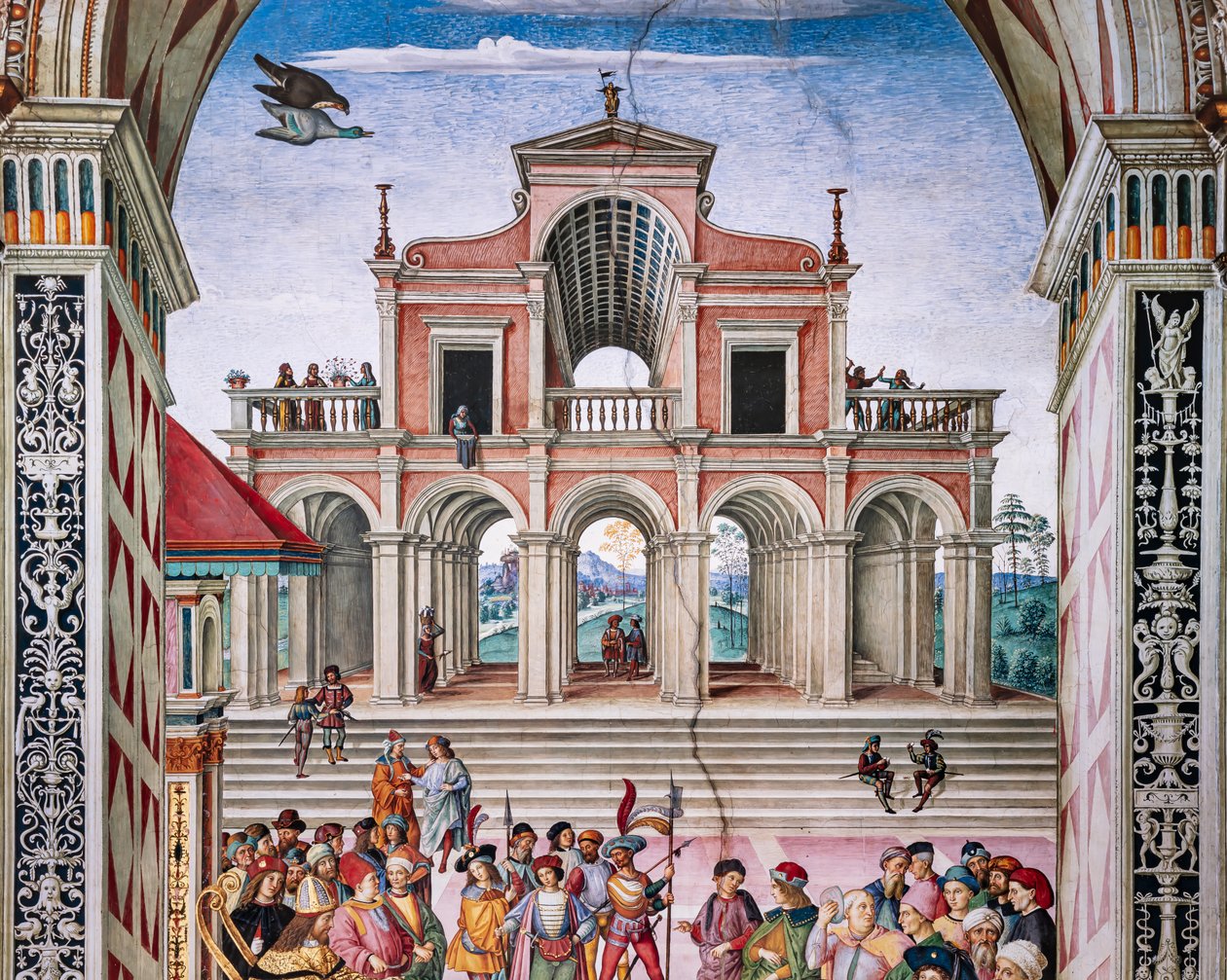 Piccolomini-biblioteket, nordøstveggen: «Aeneas Sylvius blir kronet til poetprisvinner av keiseren Frrederick III, 27. juli av Bernardino di Betto Pinturicchio