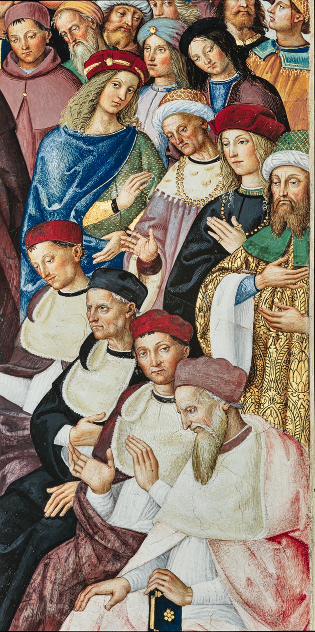 Piccolomini-biblioteket, sørøstveggen: «Aeneas Sylvius mottar kardinalens hatt fra pave Calixtus III, 17. desember av Bernardino di Betto Pinturicchio