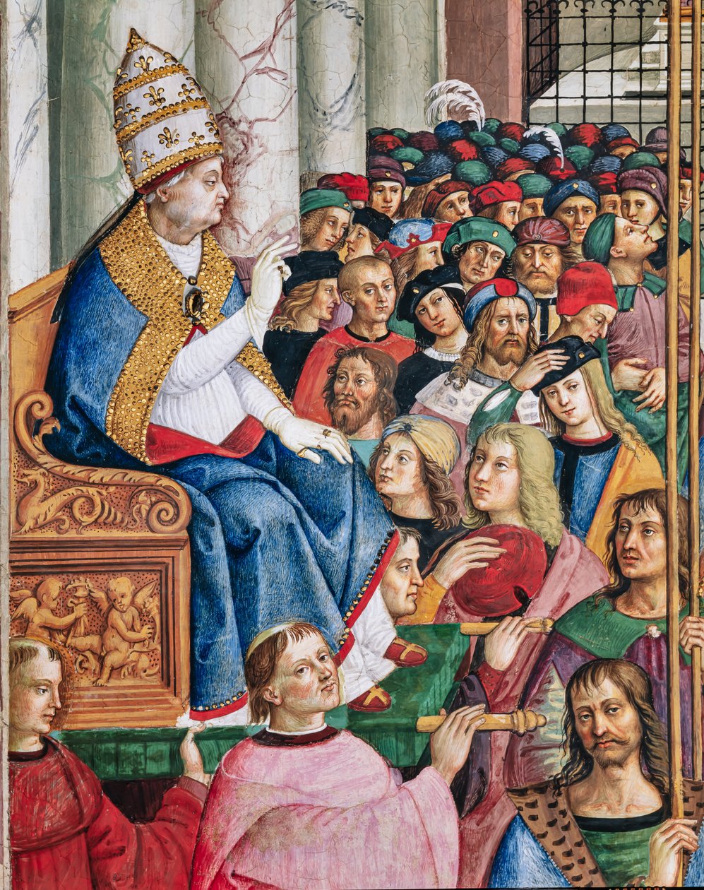 Piccolomini-biblioteket, sørvestveggen: «Aeneas Sylvius, valgt til pave med navnet Pius II, går inn i St. Peters 3. september av Bernardino di Betto Pinturicchio