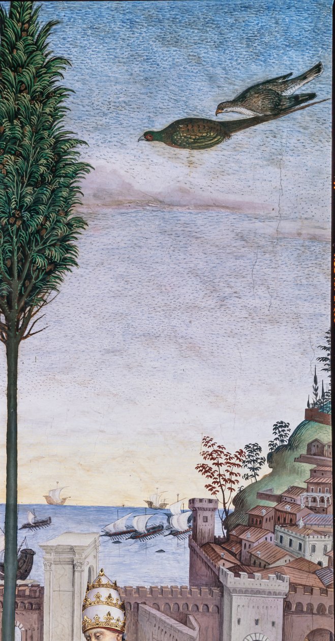 Piccolomini-biblioteket, sørvestveggen: "Pius II velsigner flåten som skal reise fra Ancona til Det hellige land" av Bernardino di Betto Pinturicchio