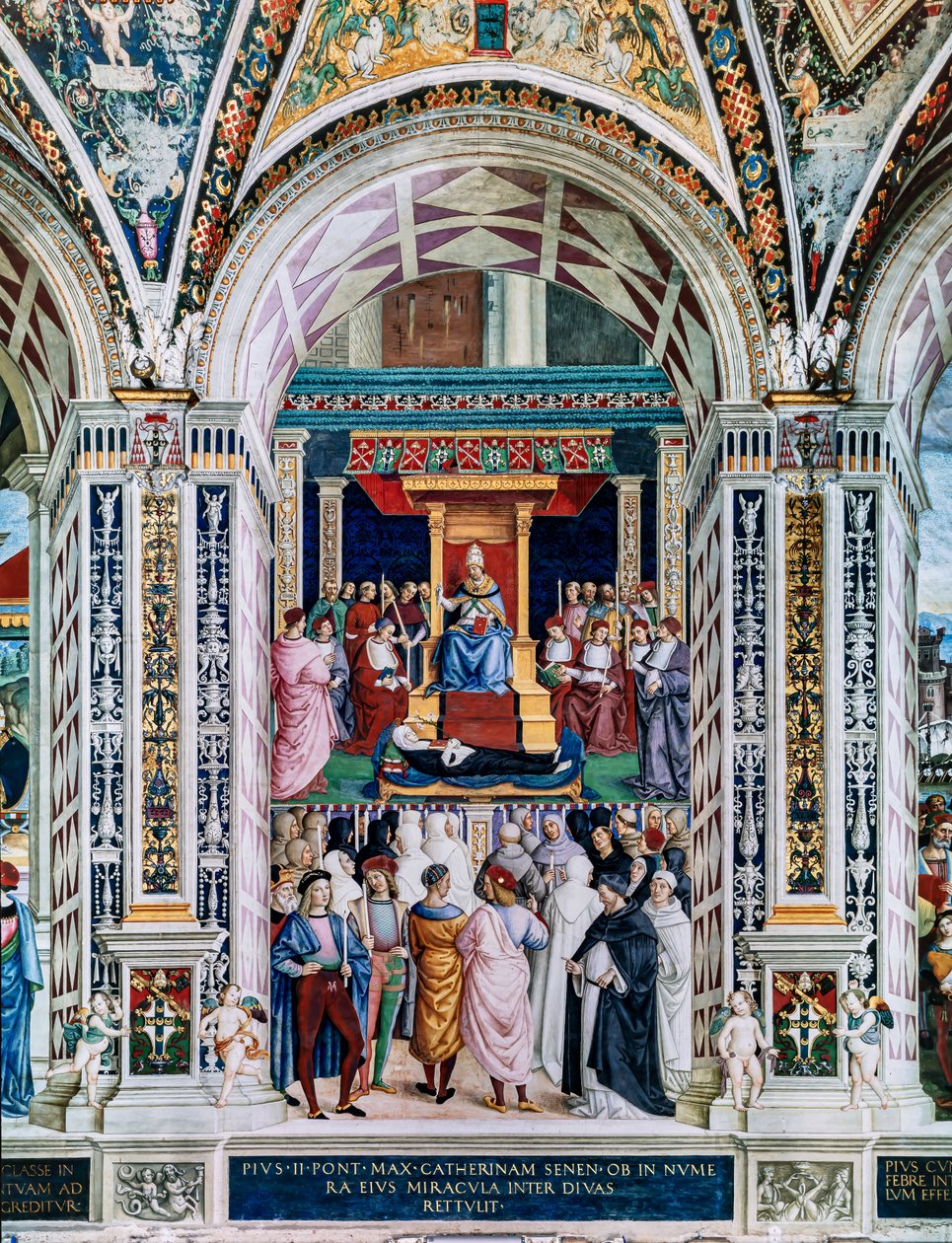 Piccolomini-biblioteket, sørvestveggen: “ Pius II kanoniserer St. Katarina av Siena, 29. juni av Bernardino di Betto Pinturicchio