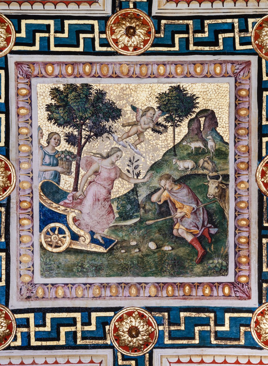 Piccolomini-biblioteket, taket: «The Rape of Proserpina», freskomaleri av Bernardino di Betto, kjent som Pinturicchio. I panelet skynder Pluto av gårde i vognen sin, Proserpine slår rundt i armene hans og en av gudinnenes følgesvenner truer Pluto av Bernardino di Betto Pinturicchio