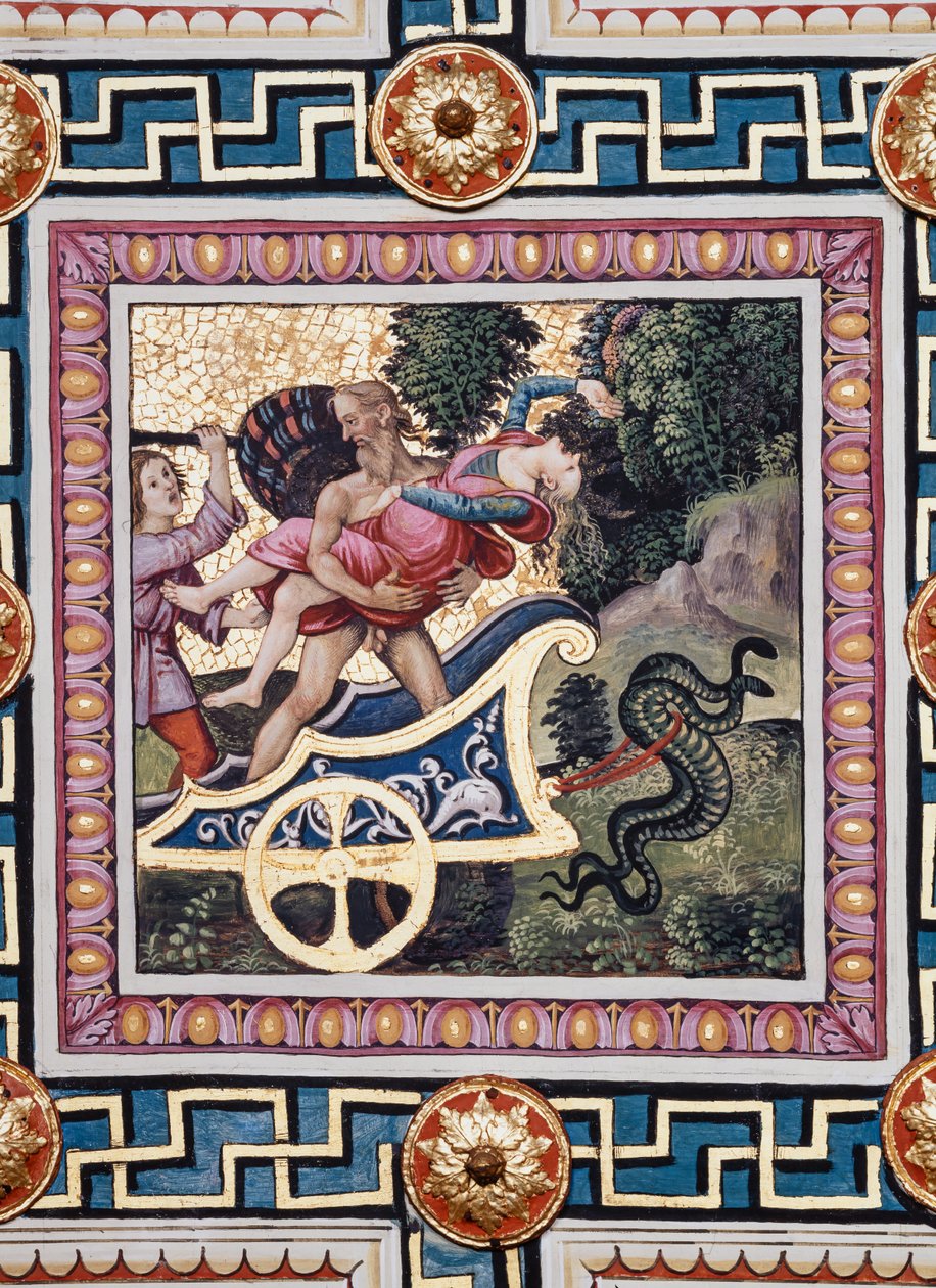 Piccolomini-biblioteket, taket: "The Rape of Proserpina", freskomaleri av Bernardino di Betto, kjent som Pinturicchio. I panelet skynder Pluto av gårde i vognen sin, Proserpine slår rundt i armene hans og en av gudinnenes følgesvenner truer Pluto med av Bernardino di Betto Pinturicchio