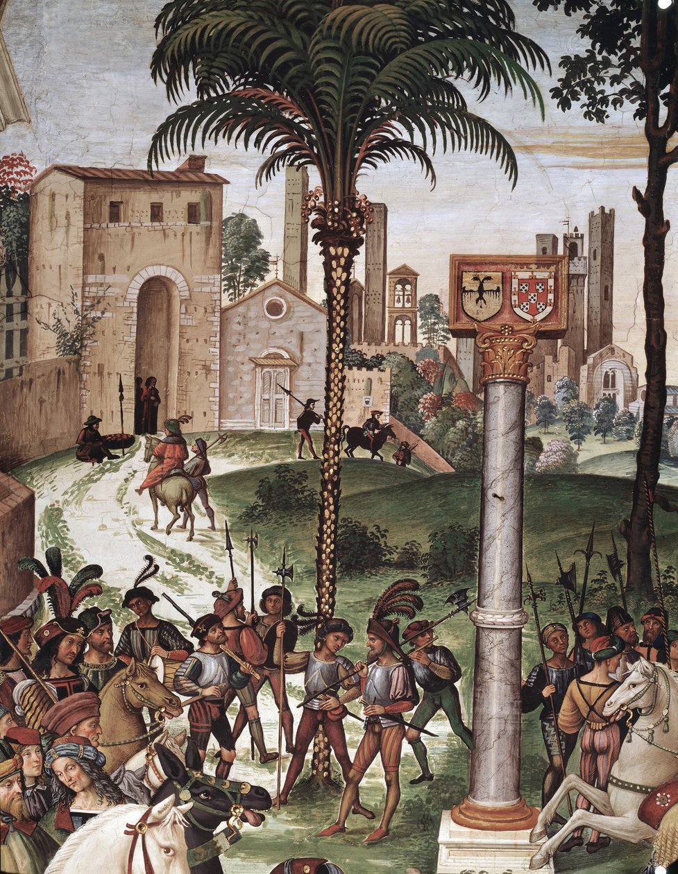 Biskop Enee Silvio Piccolomini (Pius II)) presenterer Eleonora av Aragon til keiser Frederick III av Det hellige rike. Detalj - Frisk av Bernardino di Betto Pinturicchio