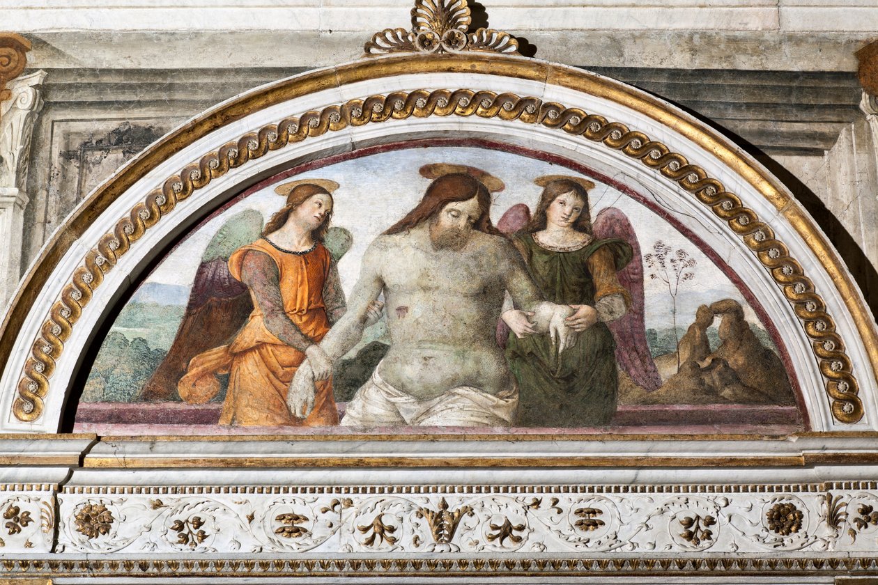 Den døde Kristus støttet av to engler - Fresco av Pinturicchio (Bernardino di Betto) (1454-1513) 1484-1492 Roma, Basilica di Santa Maria del Popolo (Kirken Santa Maria del Popolo), Kapell Basso della Rovere Italia av Bernardino di Betto Pinturicchio