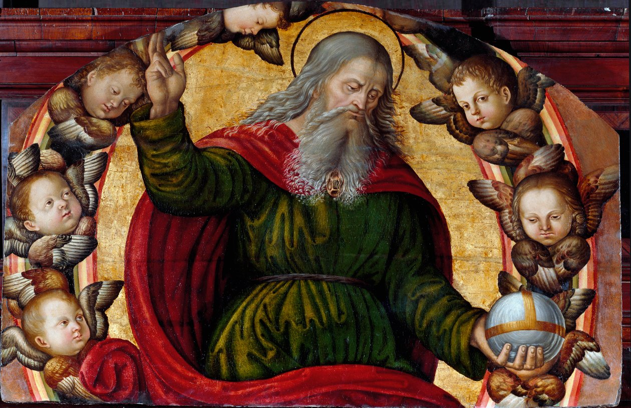 Den evige far (Gud) og kjerubene. Gud har fingrene på høyre hånd løftet som et tegn på velsignelse, han holder en globus i venstre hånd. Maleri av skolen til Bernardino di Betto dit il Pinturicchio (1454-1513). Olje på tre. Sant 