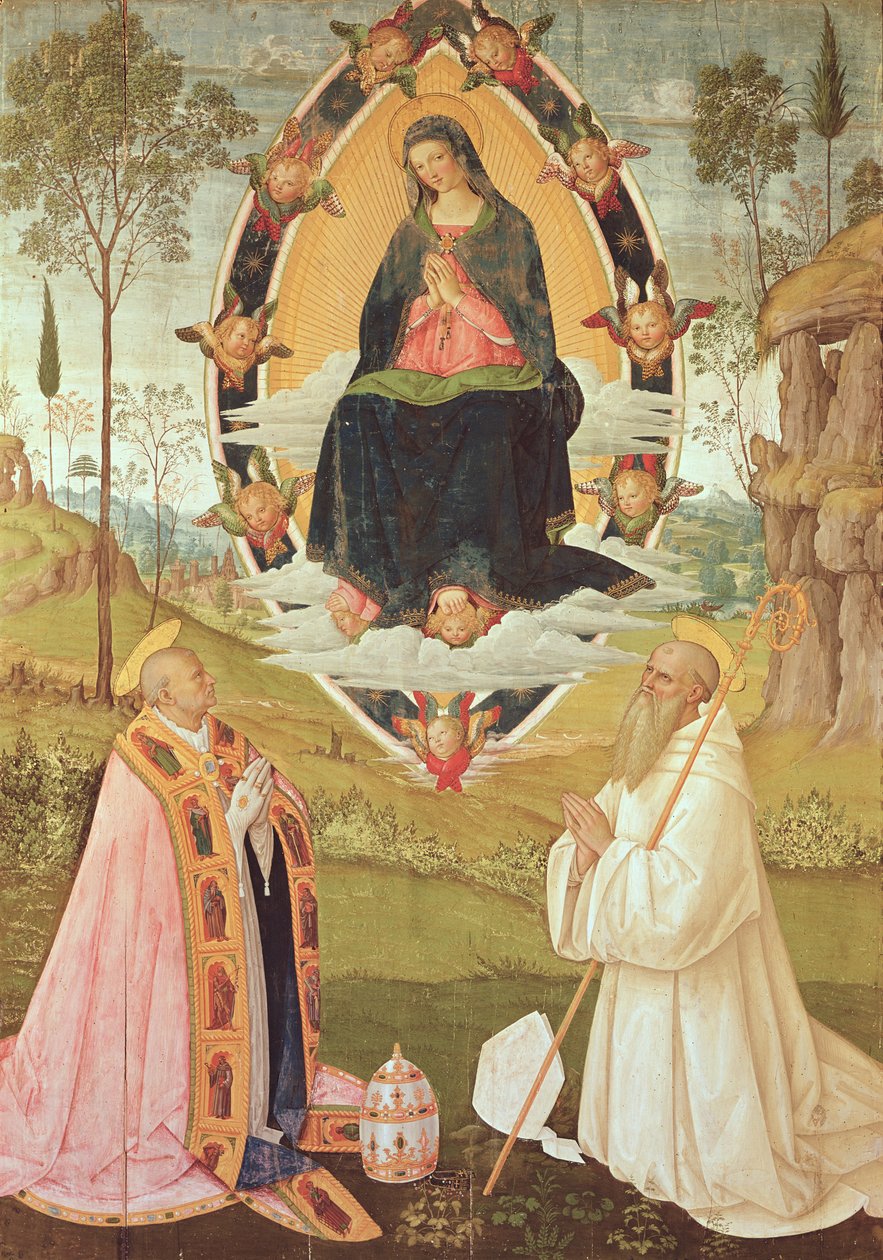 Virgin in Glory med St. Gregory og St. Benedict (tempera på panel) av Bernardino di Betto Pinturicchio