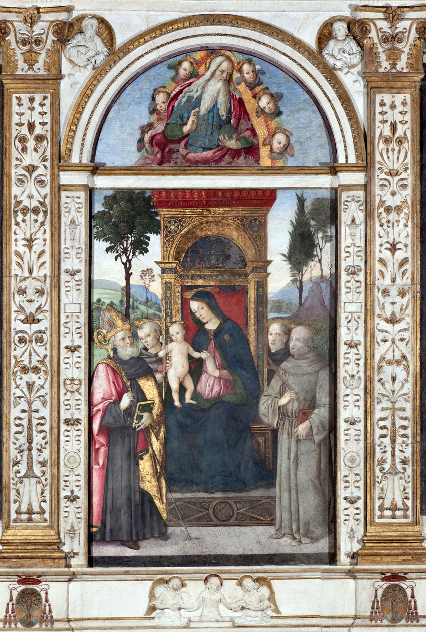 Jomfru med barn og den hellige Augustin, den hellige Frans og den hellige Antonius av Padua - Fresco av Pinturicchio (Bernardino di Betto) (1454-1513) 1484-1492 Roma, Basilica di Santa Maria del Popolo (Kirken Santa Maria del Popolo), Chapel Basso della Ro av Bernardino di Betto Pinturicchio
