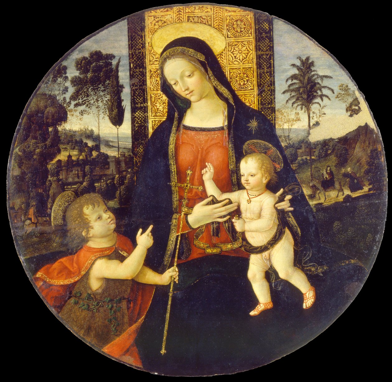 Jomfruen og barnet med spedbarnet Døperen Johannes av Bernardino di Betto called Il Pinturicchio and workshop