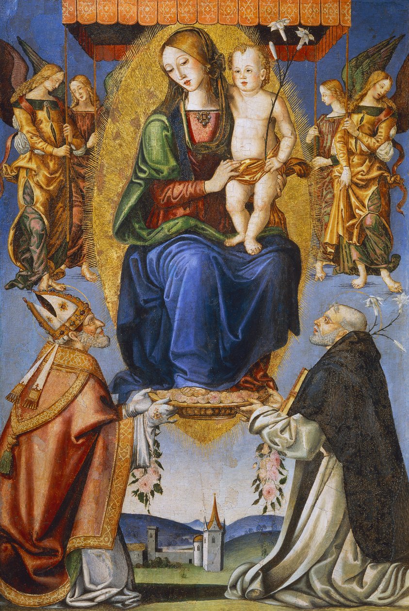 Madonna og barn med St Severino og Dominic (tempera på lerret) av Bernardino di Mariotto