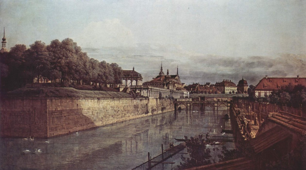 Utsikt over Dresden, den gamle vollgraven til Zwinger, sett fra orangeriet mot byen av Bernardo Bellotto