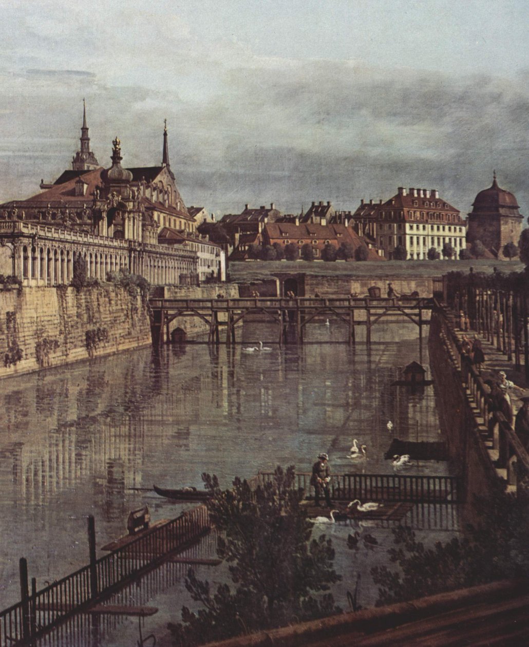 Utsikt over Dresden, den gamle vollgraven til Zwinger, sett fra orangeriet mot byen av Bernardo Bellotto