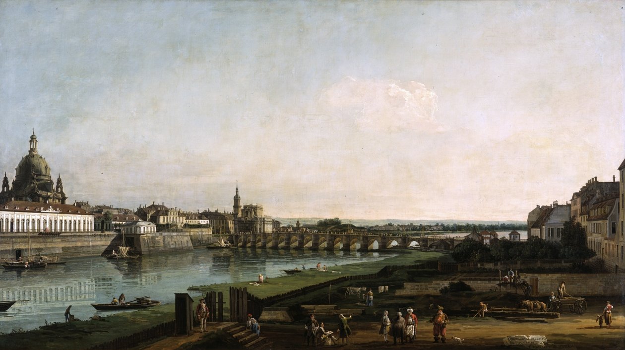 Dresden fra Høyrebredden i Elben, over Augustusbrücke av Bernardo Bellotto