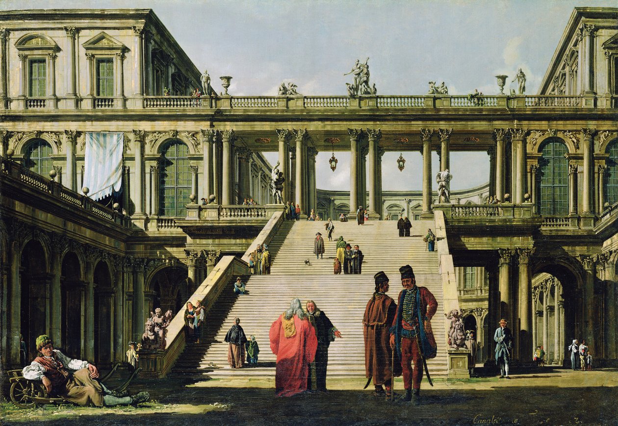 Ideelt landskap med palasstrapper, 1762 av Bernardo Bellotto