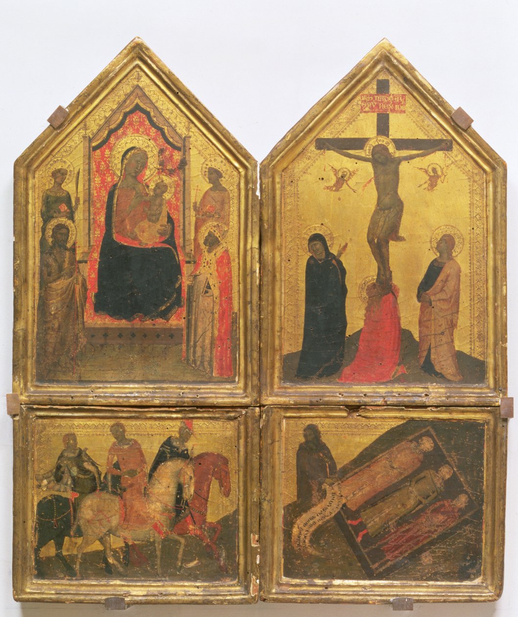 Madonna og barn med hellige, korsfestelsen og legenden om de tre levende og de tre døde (tempera på panel) av Bernardo Daddi