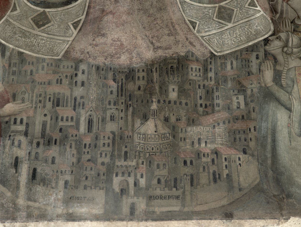 Madonna della Misericordia med utsikt over Firenze, 1342 (tempera på panel) (detalj) av Bernardo Daddi