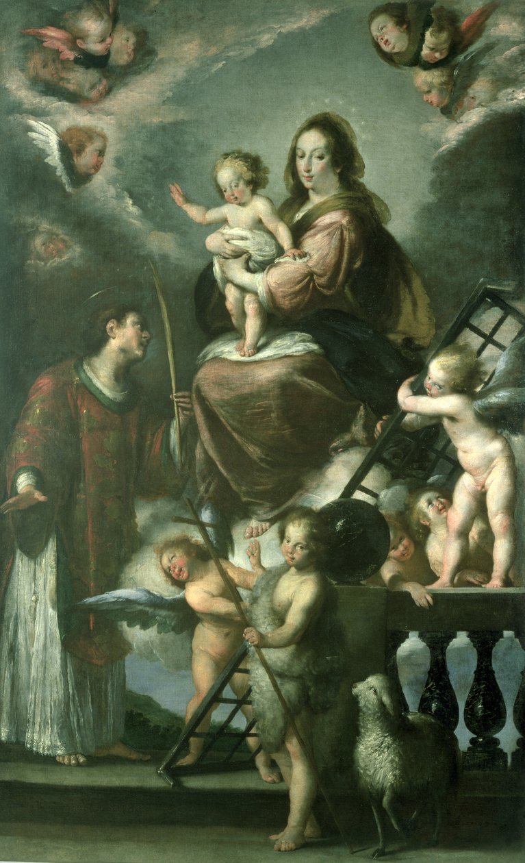 Madonna og barn med spedbarnet St. Johannes døperen og St. Lawrence og engler, 1629 av Bernardo Strozzi