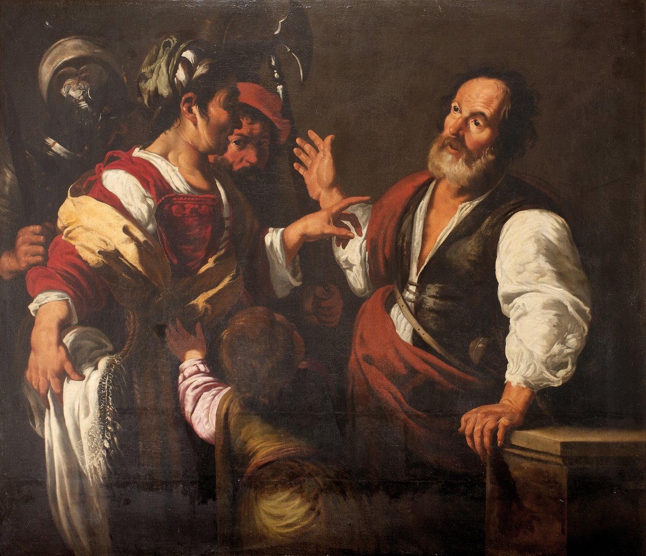 The Denial of Saint Peter (olje på lerret) av Bernardo (follower of) Strozzi