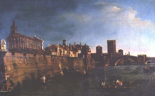 Utsikt over Verona med Castello Vecchio og Ponte Vecchio (olje på lerret) av Bernardo (manner of) Bellotto