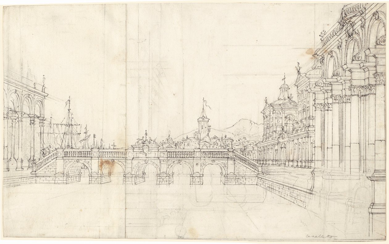 En Capriccio av palasser og en loggia som vender mot en klassisk bro av Bernardo Bellotto