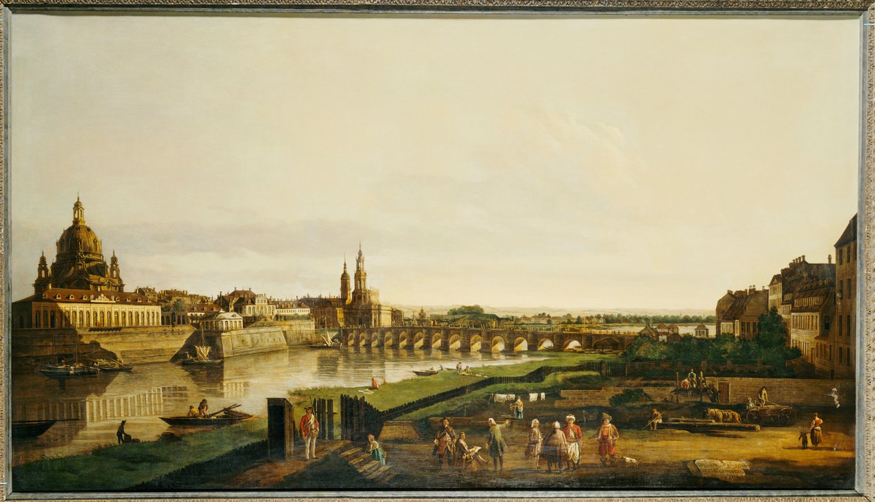 Utsikt over Dresden fra høyre bredd av elven Elbe over Augustusbrucke av Bernardo Bellotto