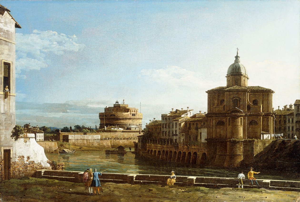 En utsikt over Roma langs Tiberen, med kirken San Giovanni dei Fiorentini bortenfor, av Bernardo Bellotto