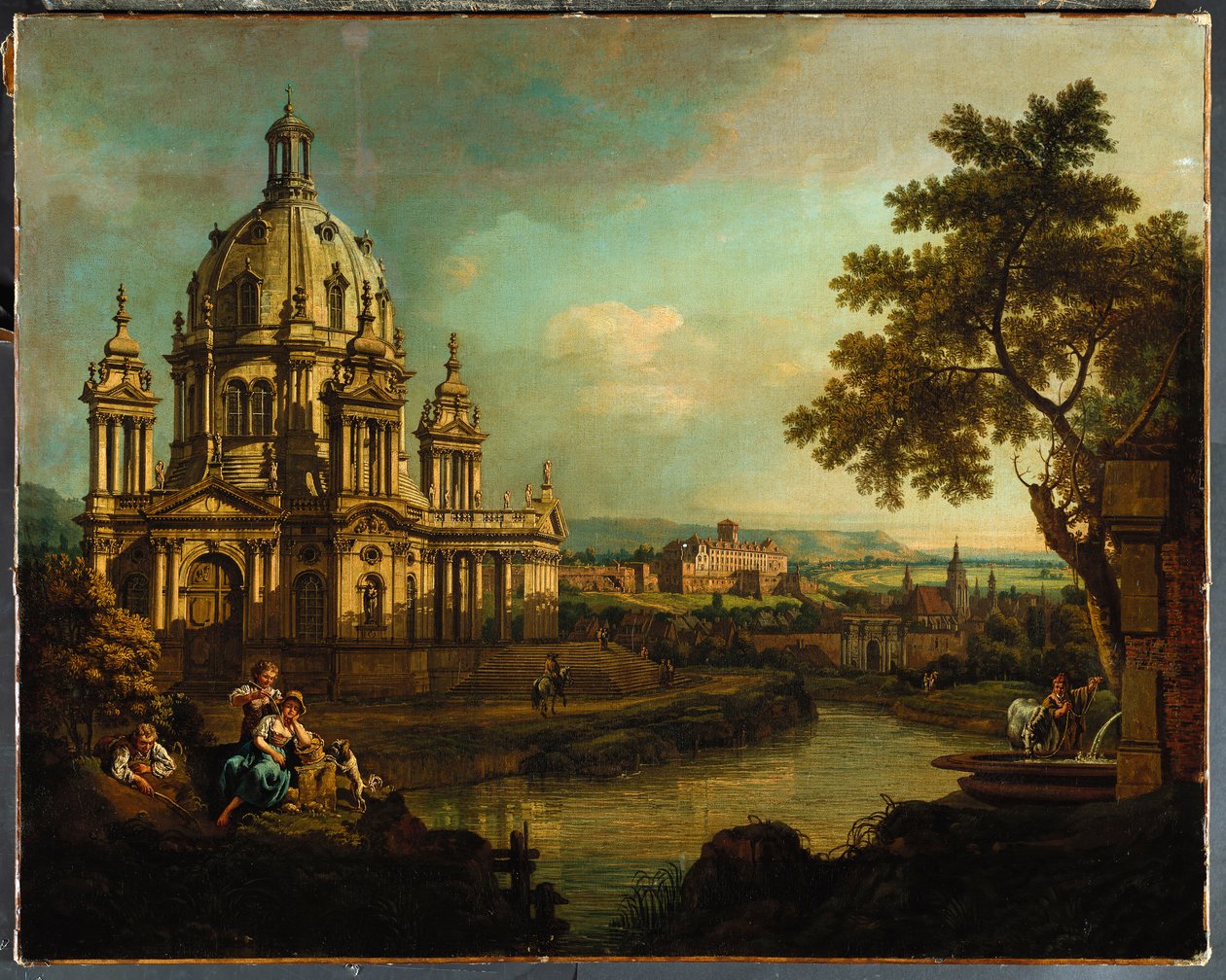 En capriccio med en kuppelkirke og bygninger i Pirna, ca. 1765 av Bernardo Bellotto