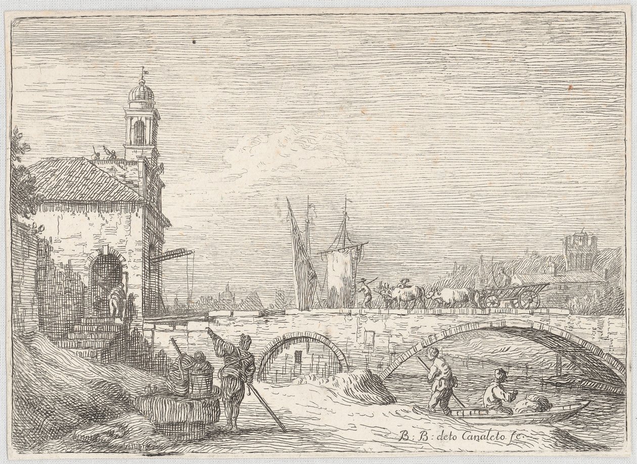 Capriccio med en bro og en portbygning i stil med Porta Portello i Padova av Bernardo Bellotto