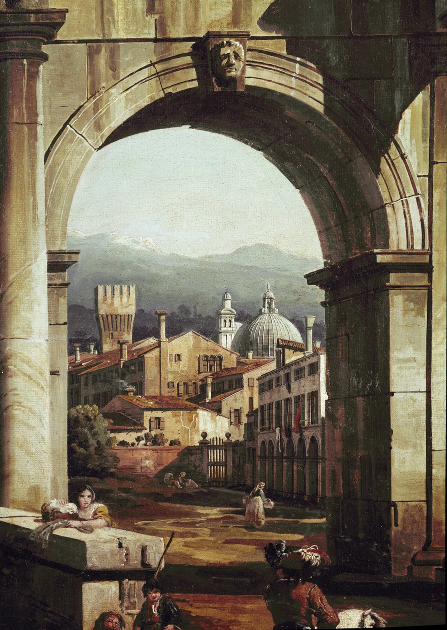 Roman Caprice med dør og vegger, detalj (olje på lerret av Bernardo Bellotto