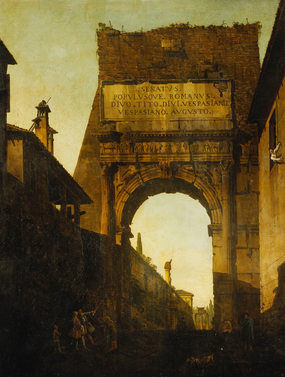 Titusbuen, Roma, med muren og porten til Farnese-hagene og tempelet til Castor og Pollux bortenfor, to turister i forgrunnen, av Bernardo Bellotto
