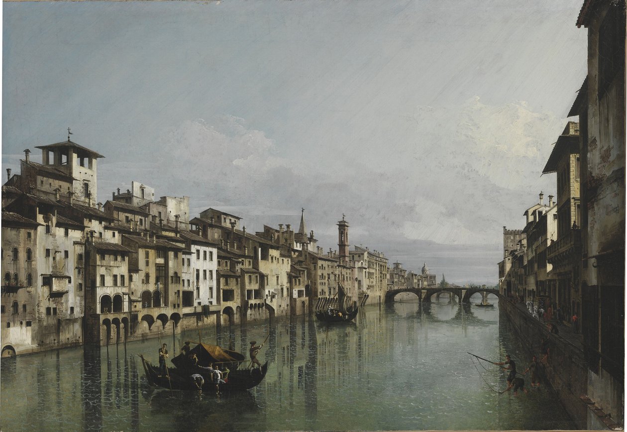 Arno mellom Ponte Vecchio og Ponte Santa Trinità, Firenze, 1740. av Bernardo Bellotto