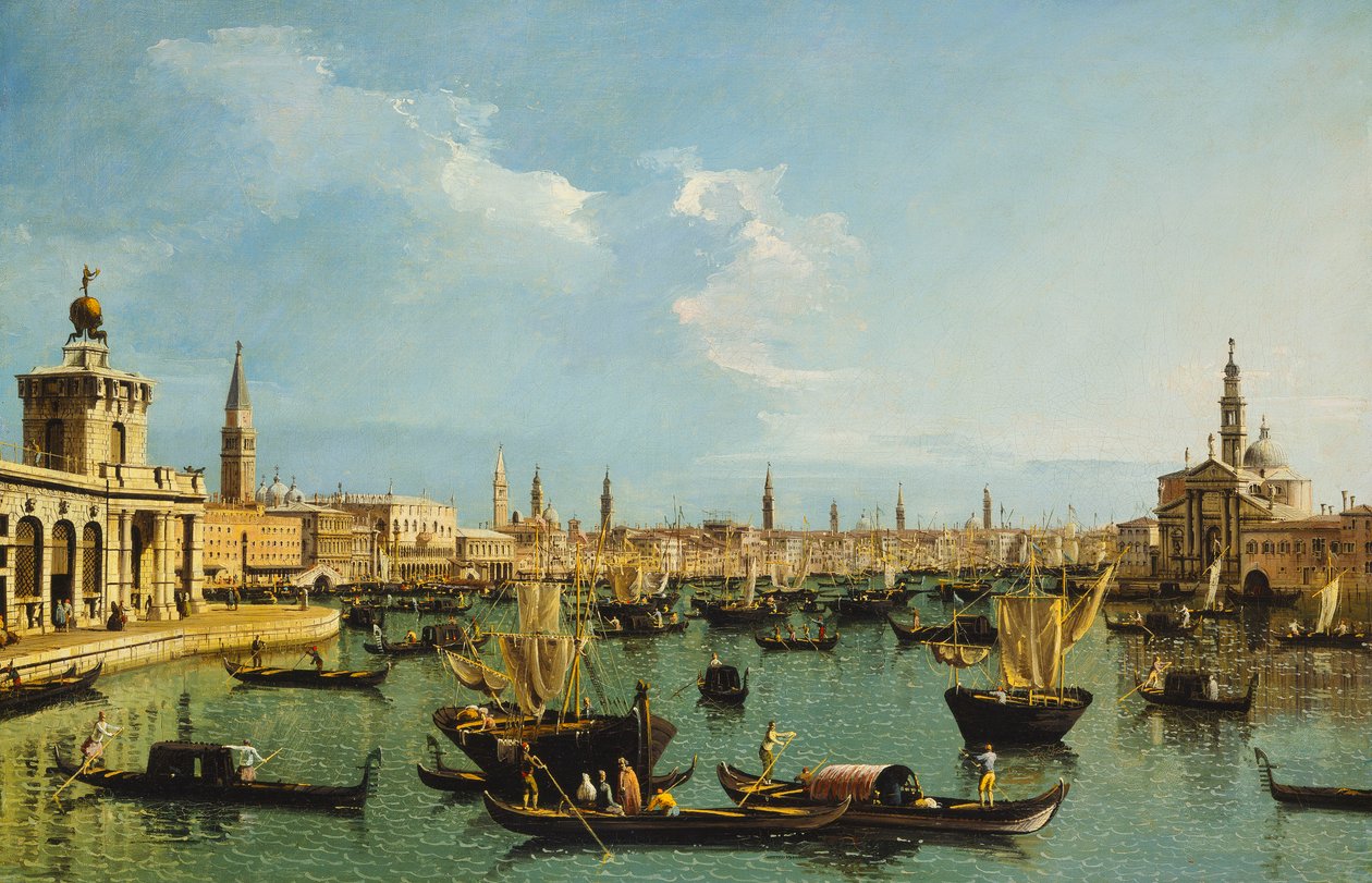 Bacino di San Marco, Venezia, fra Giudecca-kanalen med Dogana, Molo, Riva degli Schiavoni, kirken San Giorgio Maggiore og mange båter, av Bernardo Bellotto