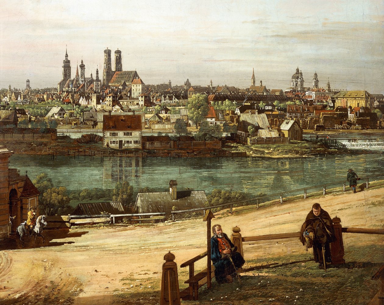 Utsikt over München fra Haidhausen med elven Isar i sentrum, detalj av Bernardo Bellotto
