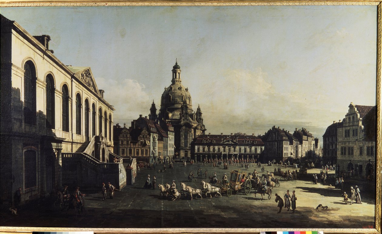 ""Utsikt over den nye markedsplassen i Dresden"" (Neumarkt i Dresden) Vi kan se Vår Frue kirke (Notre-Dame) (Frauenkirche) Maleri av Bernardo Bellotto (1720-1780) 1747 Dim. 134x236 cm Museum of the 